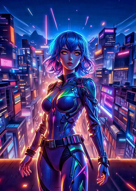 Cyberpunk Girl in Neon Cityscape