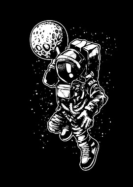 Astronaut Moon Basketball Black and White