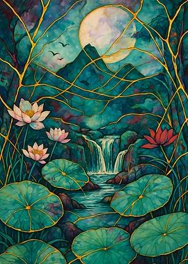 Abstract Fantasy #74 - Watercolor Lotus Pond with Golden Accents