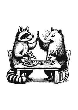 Raccoon and Opossum Pizza High Five