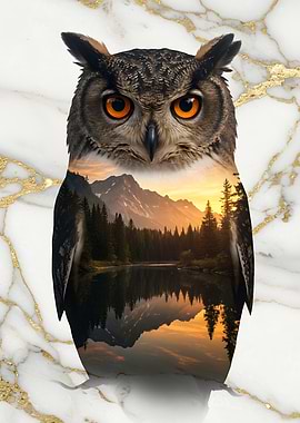 Owl and Mountain Landscape Double Exposure