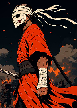 Samurai Warrior in Red Kimono