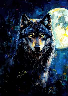 Wolf under the moonlight painting