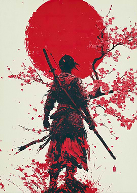 Samurai with Cherry Blossoms and Sun