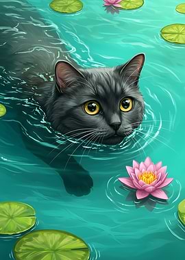 Cat Swimming in Lily Pond