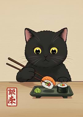 Black Cat Eating Sushi