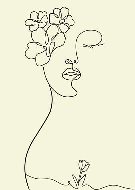 Minimalist Line Art Woman with Flowers