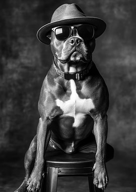 Dog with Hat and Sunglasses - Stylish Pitbull with Hat and Sunglasses | Monochromatic Portrait