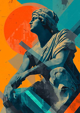 Statue with Geometric Orange and Teal Background