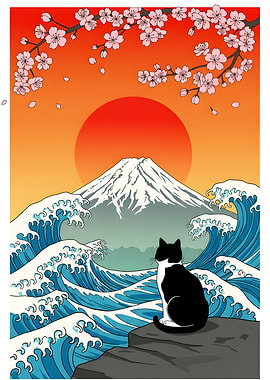 Cat, Mount Fuji, and Cherry Blossoms