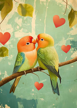 Lovebirds on Branch with Hearts