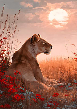 Lioness in a field of flowers