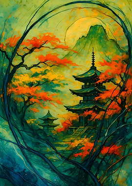Abstract Fantasy #66 - Japanese Pagoda in Autumn Landscape