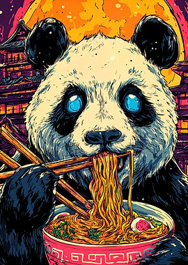 Panda eating ramen with chopsticks art
