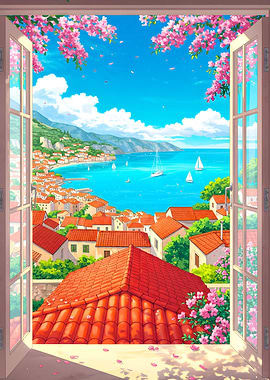 Coastal View Through Open Window