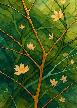 Abstract Fantasy #76 - Golden Tree with Flowers Watercolor