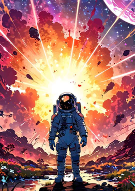 Astronaut in front of cosmic explosion