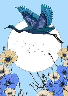 Crane in Flight with Floral Border