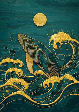 Golden Whale in Teal Ocean Art