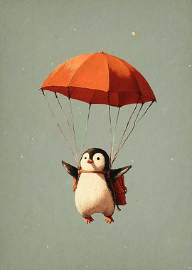 Penguin Parachuting with Backpack
