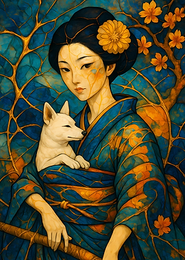 Abstract Fantasy #72 - Geisha with Fox and Floral Accents