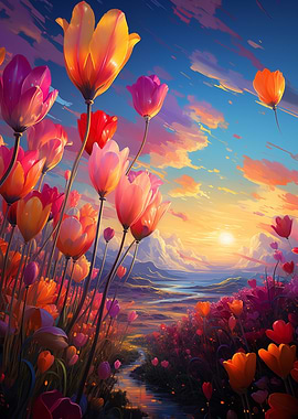 Colorful Tulips at Sunset Landscape