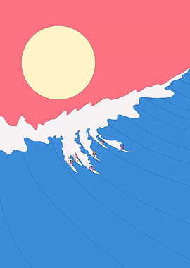 Surfers Riding a Large Wave