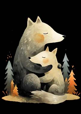 Watercolor Wolves Hugging in Forest