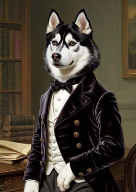 Elegant Husky in Formal Attire - Dapper Husky Gentleman with Bow Tie | Office Portrait