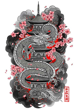 Dragon and Pagoda with Cherry Blossoms