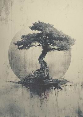 Monochrome Tree with Moon Backdrop