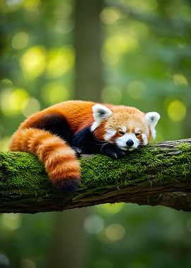 Sleeping Red Panda on Mossy Branch