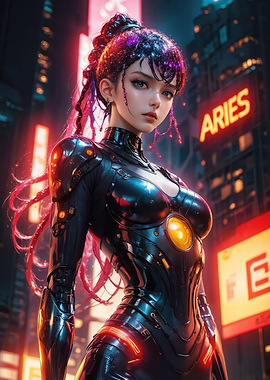 Cyberpunk Girl in Futuristic Cityscape, Aries zodiac