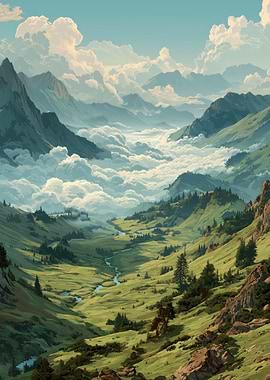Mountain Valley Landscape with Clouds