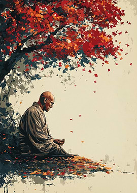Monk Meditating Under Autumn Tree