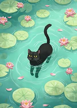 Black cat in a lily pond