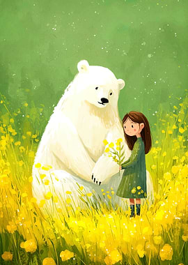 Girl and Bear in Flower Field