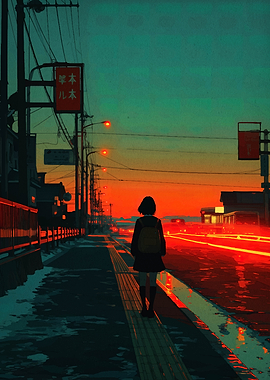 Anime Girl Walking at Sunset