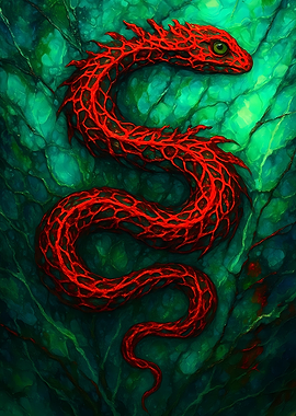 Abstract Fantasy #57 - Red Snake on Green Background