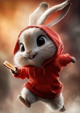 Cartoon Rabbit with Toast in Hoodie