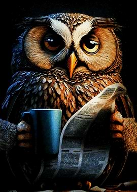 Owl Reading Newspaper with Coffee