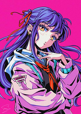 Anime Girl with Purple Hair with 80's Vibe