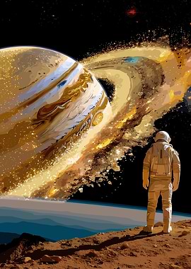 Astronaut Gazing at Jupiter and Rings