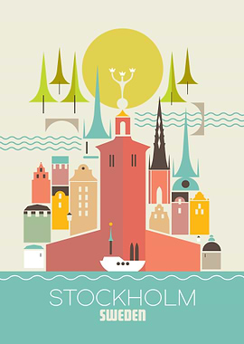 Stockholm Sweden Retro Travel Poster