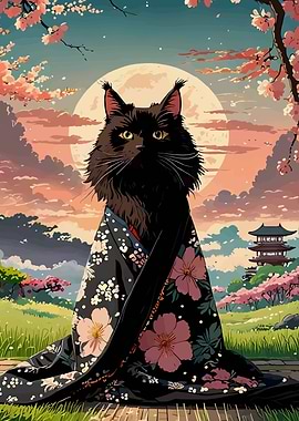 Cat in Kimono with Cherry Blossoms