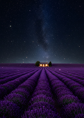 Lavender Field Under Starry Night Sky