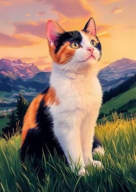 Calico Cat in Mountain Landscape