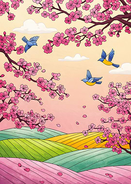 Cherry Blossoms and Birds Landscape