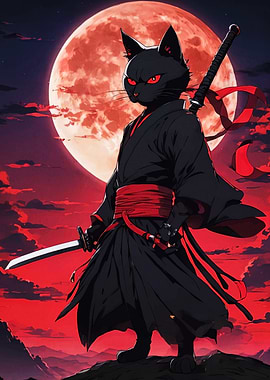 Ninja Cat with Katana and Moon