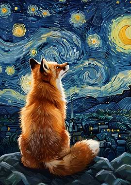 Fox gazing at Starry Night